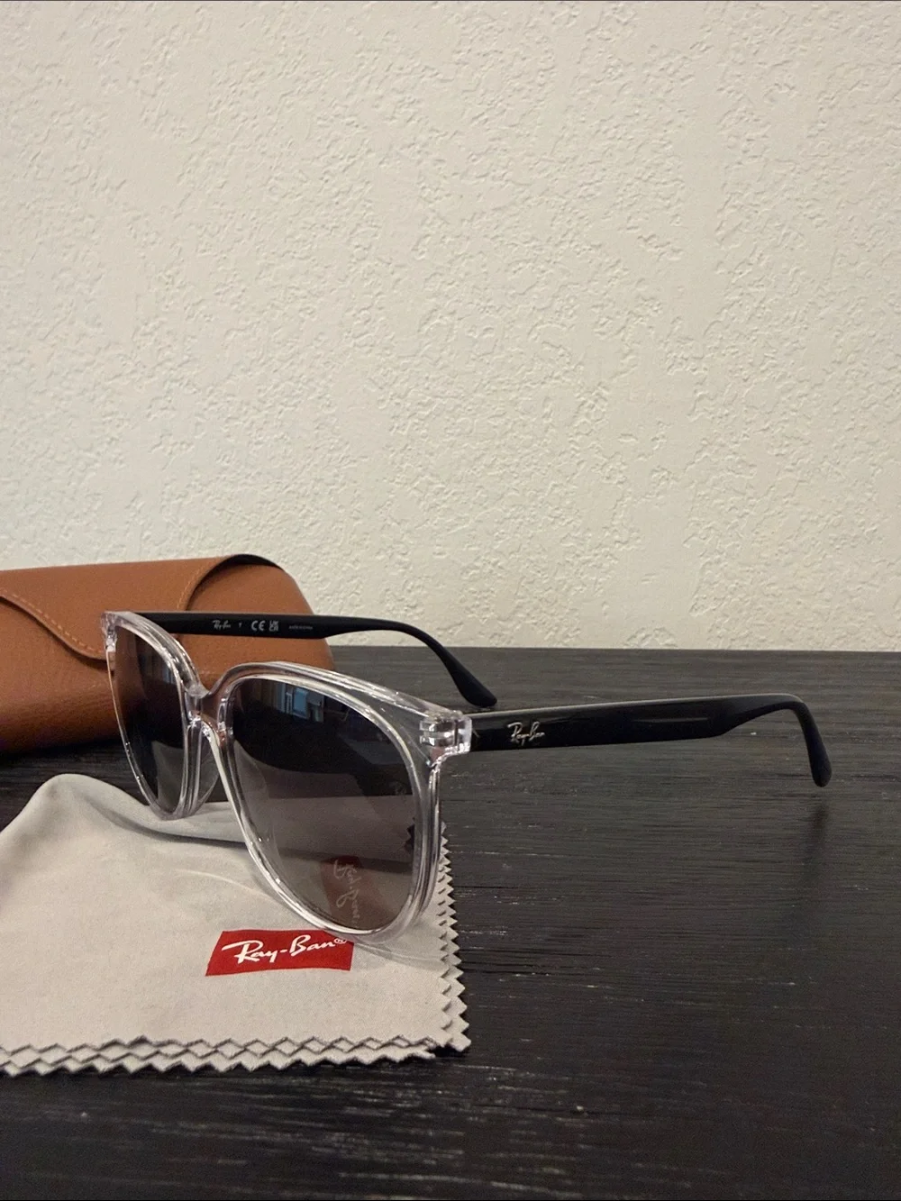 RB4378 Ray-Ban Sunglasses Polished Transparent Grey Gradient Lens w/ Brown Case